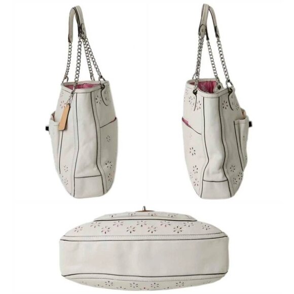 Coach Poppy Daisy Eyelet Leather Chain Tote Bag Ivory & Pink | Style #22438 GUC - Picture 4 of 17